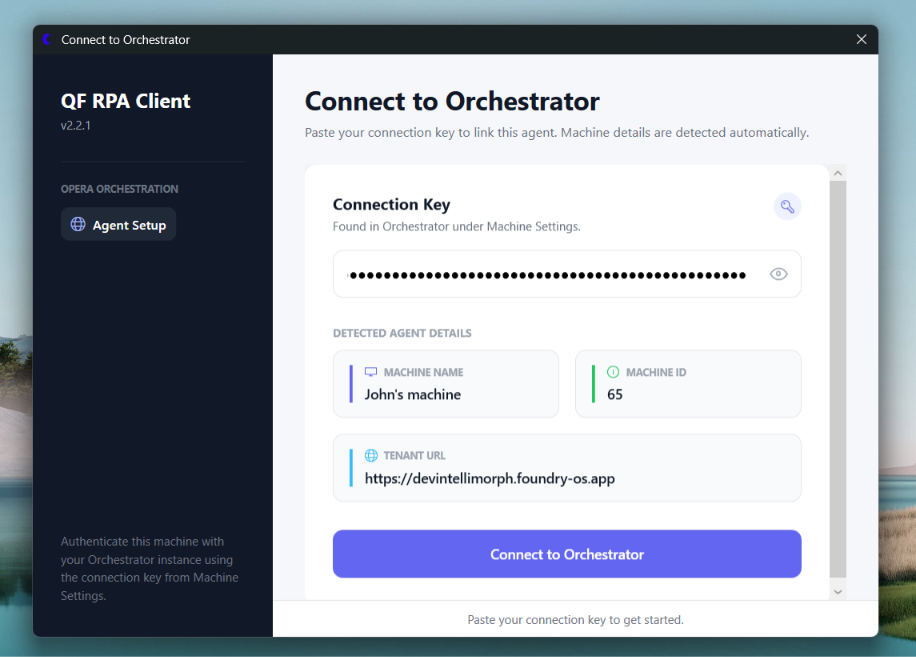 QF RPA Client connect screen with a hidden connection key, detected machine name and ID, and tenant URL